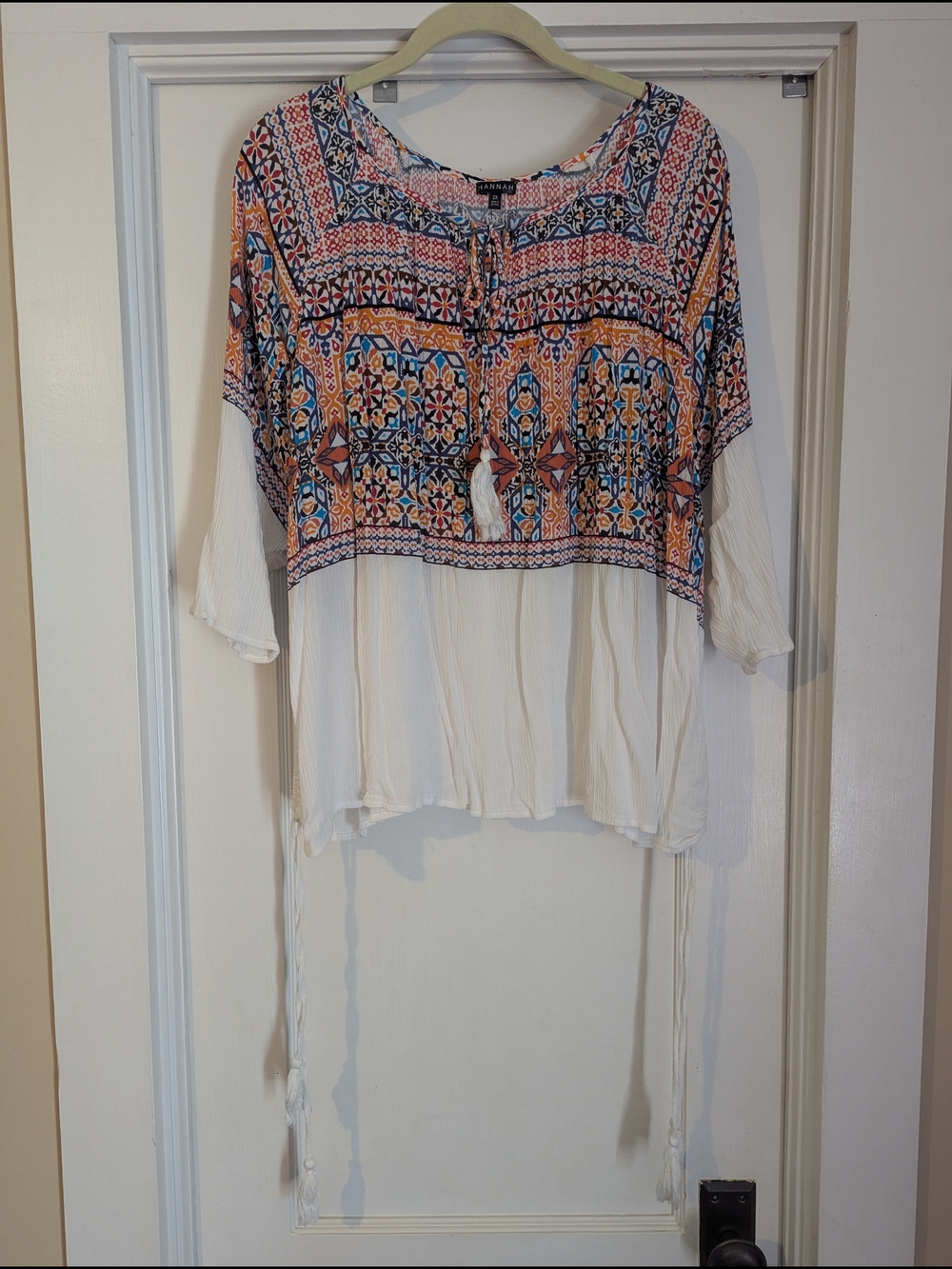 Hannah White Tunic with Blue, Orange & Pink Mosaic Yoke